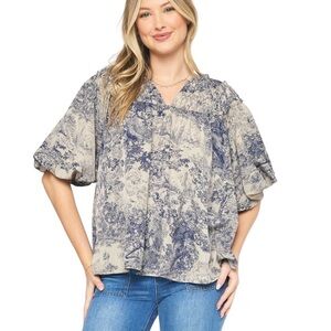NWT Entro Tezza Antique Navy & Tan French Toile Print Puff Sleeve Blouse - S